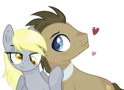 Size: 2210x1612 | Tagged: safe, artist:al-lat, derpibooru import, derpy hooves, doctor whooves, time turner, earth pony, pegasus, pony, bedroom eyes, blushing, commission, doctorderpy, female, heart, male, mare, raised hoof, shipping, simple background, smiling, smirk, stallion, straight, transparent background, ych result