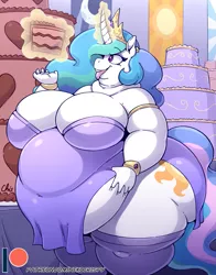 Size: 825x1050 | Tagged: suggestive, artist:nekocrispy, derpibooru import, princess celestia, alicorn, anthro, bbw, belly, belly grab, big belly, big breasts, bingo wings, breasts, cake, cakelestia, chubbylestia, curved horn, double chin, fat, fat boobs, fat fetish, female, fetish, food, gold, horn, huge belly, magic, morbidly obese, neck roll, obese, solo, solo female, telekinesis, thighs, this will end in weight gain, thunder thighs, tongue out, triple chin