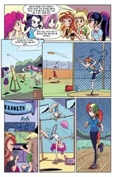 Size: 1988x3056 | Tagged: safe, artist:pencils, color edit, derpibooru import, edit, editor:michaelsety, idw, applejack, fluttershy, pinkie pie, rainbow dash, rarity, sci-twi, sunset shimmer, twilight sparkle, equestria girls, spoiler:comicequestriagirlsmarchradness, belly button, clothes, colored, female, human coloration, humane five, humane seven, humane six, korean, leotard, light skin, light skin edit, midriff, moon runes, page, sports, sports bra, tanktop