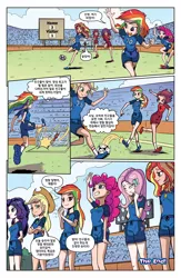 Size: 1988x3056 | Tagged: safe, artist:pencils, color edit, derpibooru import, edit, editor:michaelsety, idw, applejack, fluttershy, pinkie pie, rainbow dash, rarity, sunset shimmer, equestria girls, spoiler:comicequestriagirlsmarchradness, colored, female, human coloration, korean, light skin, light skin edit, moon runes, page, sports