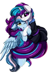 Size: 2343x3595 | Tagged: safe, artist:pridark, derpibooru import, oc, oc:chrysocolla dawn, oc:flare, unofficial characters only, monster pony, octopony, original species, pegasus, pony, clothes, dress, high res, hug, open mouth, simple background, smiling, tentacles, transparent background