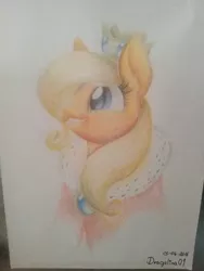 Size: 720x960 | Tagged: safe, artist:dragolina01, derpibooru import, applejack, earth pony, pony, alternate eye color, blue eyes, bust, cloak, clothes, crown, eyelashes, female, grin, jewelry, mare, missing freckles, regalia, signature, smiling, solo, traditional art