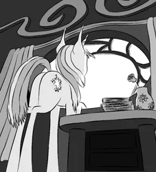 Size: 735x808 | Tagged: safe, artist:gyl367, derpibooru import, edit, twilight sparkle, pony, unicorn, book, female, flower, looking out the window, mare, monochrome, rose, solo, sunset shimmer's cutie mark, unicorn twilight, vase, window