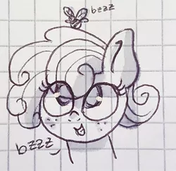 Size: 690x670 | Tagged: safe, artist:galaxy.in.mind, derpibooru import, oc, oc:honey glaze, unofficial characters only, bee, earth pony, insect, pony, bust, earth pony oc, eyelashes, female, freckles, graph paper, grin, lineart, looking up, magical lesbian spawn, mare, offspring, onomatopoeia, parent:applejack, parent:rarity, parents:rarijack, smiling, solo, traditional art