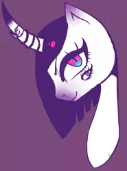 Size: 934x1261 | Tagged: safe, artist:matrioshkka, derpibooru import, oc, oc:spider, pony, unicorn, curved horn, four eyes, head, horn, multiple eyes, purple background, simple background, solo, unicorn oc