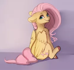 Size: 2548x2396 | Tagged: safe, artist:miokomata, derpibooru import, fluttershy, pony, unicorn, :3, butt, colored hooves, cute, cute little fangs, fangs, female, floppy ears, freckles, freckleshy, mare, plot, shyabetes, sitting, smiling, solo