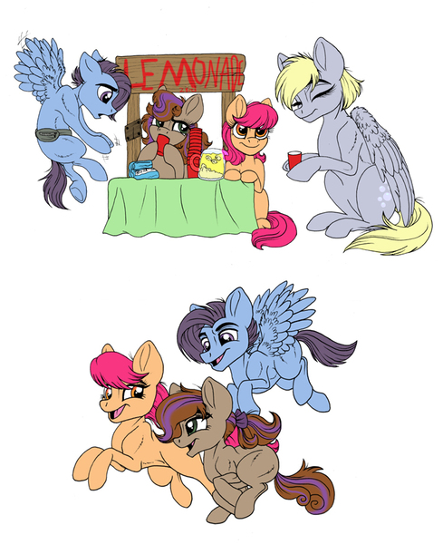 Size: 750x921 | Tagged: safe, artist:celestial-rainstorm, derpibooru import, derpy hooves, oc, oc:pippin, oc:pixel stream, oc:proud skies, earth pony, pegasus, pony, colt, female, filly, lemonade stand, male, offspring, parent:apple bloom, parent:button mash, parent:rumble, parent:scootaloo, parent:sweetie belle, parent:tender taps, parents:rumbloo, parents:sweetiemash, parents:tenderbloom, running, simple background, white background