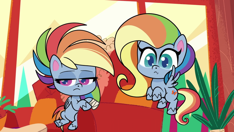 Size: 1920x1080 | Tagged: safe, derpibooru import, screencap, fluttershy, rainbow dash, pegasus, pony, my little pony: pony life, spoiler:pony life s01e42, bandage, female, flutterdash (episode), mare, palette swap, recolor