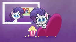 Size: 1920x1080 | Tagged: safe, derpibooru import, screencap, rarity, pony, unicorn, my little pony: pony life, the debut taunt, spoiler:pony life s01e24, spoiler:pony life s01e41, bean mouth, chair, female, food, mare, popcorn, recursion, smiling, solo