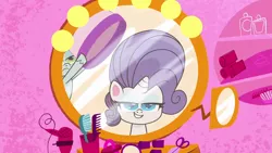 Size: 1920x1080 | Tagged: safe, derpibooru import, screencap, rarity, unicorn, my little pony: pony life, the debut taunt, spoiler:pony life s01e24, spoiler:pony life s01e41, alternate hairstyle, big mane, comb, mirror