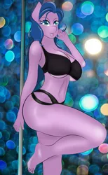 Size: 665x1080 | Tagged: suggestive, artist:gilgameth, derpibooru import, oc, unofficial characters only, anthro, earth pony, plantigrade anthro, barefoot, bikini, breasts, clothes, digital art, feet, looking at you, no tail, pole dancing, stripper pole, swimsuit