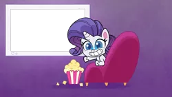 Size: 1920x1080 | Tagged: safe, derpibooru import, edit, edited screencap, screencap, rarity, unicorn, my little pony: pony life, the debut taunt, spoiler:pony life s01e24, spoiler:pony life s01e41, bean mouth, chair, female, food, popcorn, smiling, solo, template