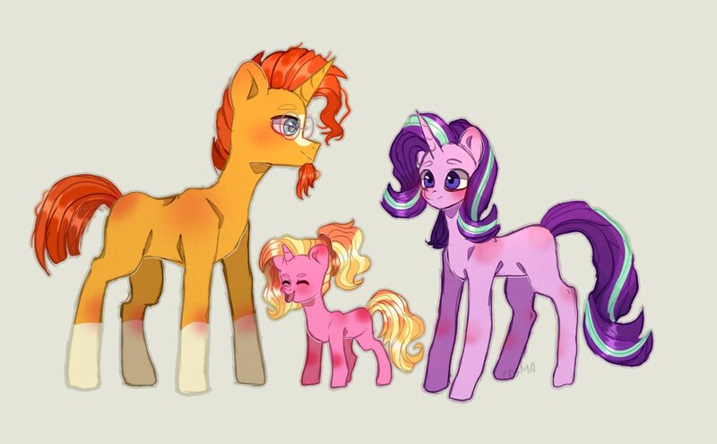 Size: 1240x768 | Tagged: safe, artist:lunar_cosmos, derpibooru import, luster dawn, starlight glimmer, sunburst, pony, unicorn, adorkable, blaze (coat marking), cute, daaaaaaaaaaaw, dork, father and child, father and daughter, female, filly, filly luster dawn, glasses, glimmerbetes, gray background, happy family, headcanon, lusterbetes, male, mama starlight, mare, mother and child, mother and daughter, offspring, papa sunburst, parent:starlight glimmer, parent:sunburst, parents and child, parents:starburst, simple background, socks (coat marking), stallion, sunbetes, sunburst's glasses