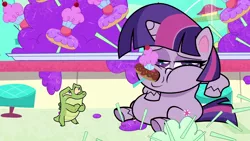 Size: 1920x1080 | Tagged: safe, derpibooru import, screencap, gummy, twilight sparkle, twilight sparkle (alicorn), alicorn, alligator, pony, my little pony: pony life, pie vs. pie, spoiler:pony life s01e23, spoiler:pony life s01e39, chubby cheeks, cupcake, dough-cup-pop, eating, fat, female, food, mare, sitting, twilard sparkle