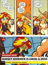 Size: 1016x1372 | Tagged: safe, derpibooru import, edit, idw, applejack, sunset shimmer, equestria girls, spoiler:comicholiday2014, abuse, anon-a-miss, break your own news, crying, female, op is a duck, op is a shithead, op is trying to start shit, sad, shimmerbuse