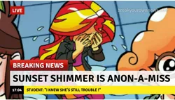 Size: 714x410 | Tagged: safe, derpibooru import, edit, idw, sunset shimmer, equestria girls, spoiler:comicholiday2014, abuse, anon-a-miss, background pony strikes again, break your own news, breaking news, crying, female, op is a duck, op is trying to start shit, sad, shimmerbuse