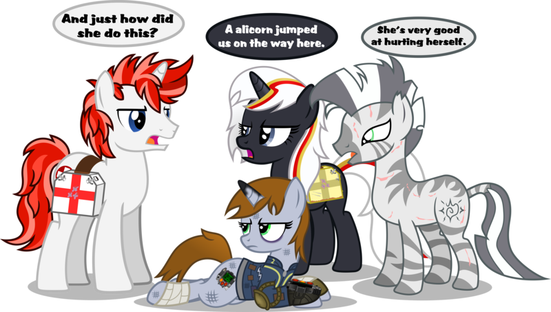 Size: 11845x6702 | Tagged: artist:vector-brony, bandage, burn, clothes, derpibooru import, dialogue, fallout equestria, fluttershy medical saddlebag, oc, oc:life bloom, oc:littlepip, oc:velvet remedy, oc:xenith, pipbuck, safe, simple background, transparent background, unofficial characters only, vault suit