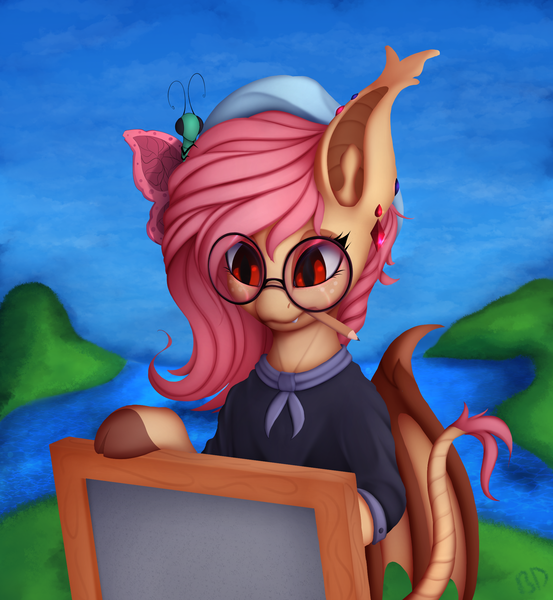 Size: 1888x2048 | Tagged: safe, artist:batsdisaster, derpibooru import, fluttershy, bat pony, butterfly, insect, pegasus, pony, vampire, vampony, alternate hairstyle, bat ears, bat ponified, bat wings, beret, bipedal, clothes, colored hooves, cute, easel, female, flutterbat, glasses, hat, jewelry, leonine tail, looking at something, mare, mouth hold, painter, pen, pencil, piercing, race swap, red eyes, round glasses, shyabetes, solo, wings