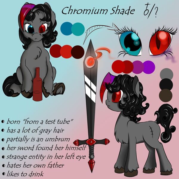 Size: 1280x1280 | Tagged: safe, artist:daisyminttea, derpibooru import, oc, oc:chromium shade, unofficial characters only, hybrid, pony, umbrum, bottle, eye, eyes, female, hybrid oc, mare, reference, reference sheet, simple background, sword, text, weapon