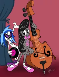 Size: 788x1015 | Tagged: safe, artist:spongefox, derpibooru import, octavia melody, vinyl scratch, alien, anthro, bow (instrument), bowtie, cello, cello bow, crossover, curtain, cutie mark, duo, musical instrument, record, species swap, stage, sunglasses, wander over yonder