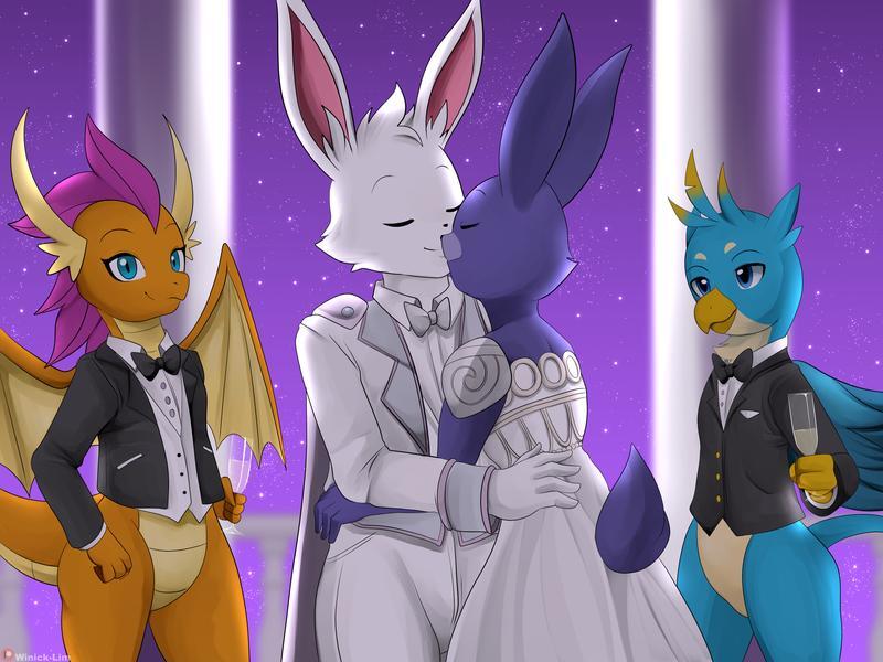 Size: 800x600 | Tagged: safe, artist:winick-lim, derpibooru import, gallus, smolder, oc, oc:endymion, anthro, dragon, gryphon, rabbit, alcohol, animal, bonnie, champagne, clothes, dress, five nights at freddy's, furry, kissing, tuxedo, wine