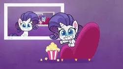 Size: 1920x1080 | Tagged: safe, derpibooru import, edit, edited screencap, screencap, rarity, pony, unicorn, my little pony: pony life, the debut taunt, spoiler:pony life s01e24, spoiler:pony life s01e41, bean mouth, chair, droste effect, female, food, mare, paradox, popcorn, recursion, smiling, solo