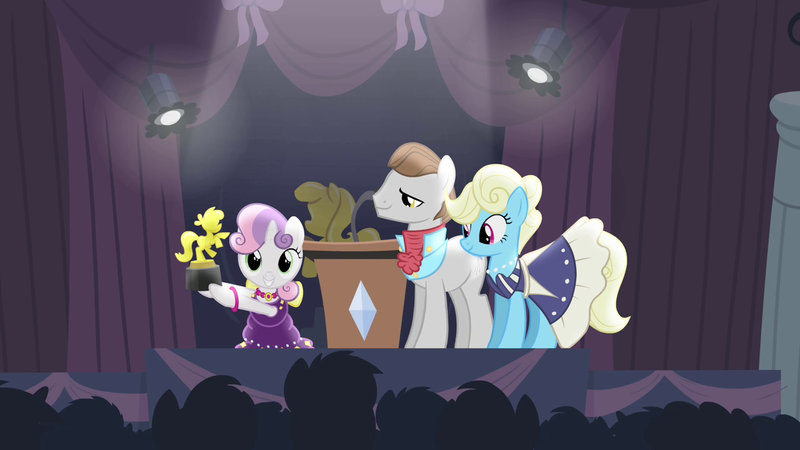 Size: 1280x720 | Tagged: safe, derpibooru import, screencap, eclair créme, jangles, star gazer, sweetie belle, earth pony, pony, unicorn, for whom the sweetie belle toils, audience, award, award show, awards, background pony, background pony audience, clothes, curtain, dress, female, filly, hoof hold, lectern, male, mare, microphone, podium, ribbon, spotlight, stage, stallion, trophy, victory