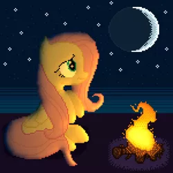 Size: 1200x1200 | Tagged: safe, artist:calinou, derpibooru import, fluttershy, pegasus, pony, campfire, female, fire, laigter, moon, night, pixel art, pixelorama, sad, side view, solo, stars