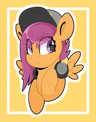 Size: 3129x4000 | Tagged: safe, alternate version, artist:partylikeanartist, derpibooru import, scootaloo, pegasus, pony, absurd resolution, alternate design, alternate hairstyle, cap, cute, cutealoo, eye clipping through hair, eyebrows, eyebrows visible through hair, female, hat, headphones, looking away, simple background, solo, wingding eyes