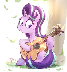 Size: 1224x1322 | Tagged: safe, artist:nendo, derpibooru import, starlight glimmer, pony, unicorn, blushing, cute, female, glimmerbetes, guitar, hoof hold, horn, mare, musical instrument, pixiv, sitting, smiling, solo, tree