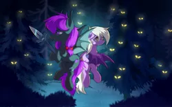Size: 4096x2547 | Tagged: safe, artist:dinoalpaka, derpibooru import, oc, oc:nocturnal grapes, oc:pinkfull night, unofficial characters only, bat pony, pony, back to back, bat pony oc, bat wings, bow, confident, duo, fangs, female, floppy ears, flying, forest, glasses, glowing eyes, mare, night, scared, shy, spear, spooky, surrounded, teenager, tree, weapon, wings