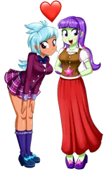 Size: 1017x1680 | Tagged: safe, artist:the-butch-x, derpibooru import, edit, frosty orange, starlight, equestria girls, equestria girls series, background human, clothes, crystal prep academy uniform, cute, female, frostylight, hands behind back, heart, kneesocks, lesbian, long skirt, looking at you, pleated skirt, school uniform, shipping, simple background, skirt, smiling, socks, transparent background