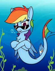 Size: 1000x1297 | Tagged: safe, artist:dacaoo, derpibooru import, rainbow dash, seapony (g4), chest fluff, colored pupils, female, looking at you, seaponified, seapony rainbow dash, solo, species swap, sunglasses, underwater