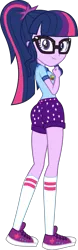 Size: 4228x13465 | Tagged: suggestive, artist:alandssparkle, derpibooru import, sci-twi, twilight sparkle, equestria girls, legend of everfree, ass, butt, buttocks outline, camping outfit, clothes, converse, denim shorts, female, from behind, glasses, happy, high socks, kneepits, legs, looking at you, looking back, looking back at you, multicolored hair, ponytail, purple eyes, purple skin, sci-twibutt, shirt, shoes, shorts, simple background, smiling, sneakers, socks, solo, t-shirt, transparent background, tube socks, twibutt, vector