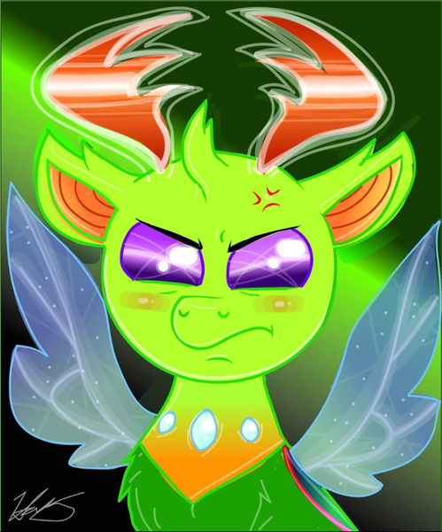 Size: 720x866 | Tagged: artist needed, safe, derpibooru import, thorax, changedling, changeling, angry, bust, cross-popping veins, cute, digital art, frown, king thorax, madorable, male, signature, spread wings, thorabetes, wings