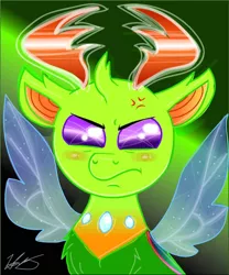 Size: 720x866 | Tagged: artist needed, safe, derpibooru import, thorax, changedling, changeling, angry, bust, cross-popping veins, cute, digital art, frown, king thorax, madorable, male, signature, spread wings, thorabetes, wings