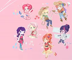 Size: 1654x1368 | Tagged: safe, artist:yuan-rino, derpibooru import, applejack, fluttershy, pinkie pie, rainbow dash, rarity, sci-twi, sunset shimmer, twilight sparkle, dance magic, eqg summertime shorts, equestria girls, equestria girls series, five to nine, friendship through the ages, i'm on a yacht, life is a runway, mad twience, spring breakdown, spoiler:eqg series (season 2), spoiler:eqg specials, alternate hairstyle, anime, chibi, cowboy hat, cute, cutie mark, female, flamenco dress, folk fluttershy, hat, humane five, humane seven, humane six, lasso, looking at you, one eye closed, open mouth, pencil, pink background, rope, simple background, smiling, wink