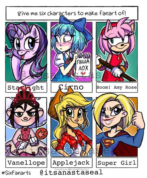 Size: 1080x1306 | Tagged: safe, artist:antych, derpibooru import, applejack, starlight glimmer, anthro, human, pony, unicorn, six fanarts, equestria girls, amy rose, anthro with ponies, bow, bust, cirno, clothes, crossover, cyrillic, dc comics, dress, eyelashes, female, flexing, freckles, hair bow, hand on hip, hat, heart, mallet, mare, russian, scepter, smiling, smirk, sonic the hedgehog (series), straw in mouth, supergirl, touhou, vanellope von schweetz, watermark, wreck-it ralph