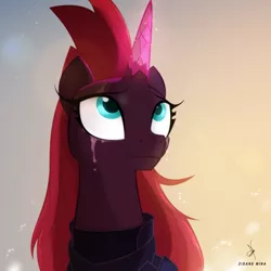 Size: 1984x1984 | Tagged: safe, alternate version, artist:zidanemina, derpibooru import, fizzlepop berrytwist, tempest shadow, pony, unicorn, my little pony: the movie, alternate hairstyle, armor, bust, crying, crystal horn, female, horn, if only, long mane, looking at something, looking up, mare, prosthetic horn, prosthetics, solo, tears of joy, teary eyes, tempest gets her horn back