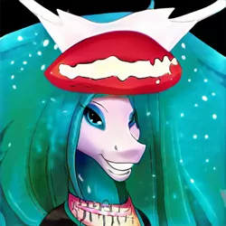 Size: 1024x1024 | Tagged: safe, artist:thisponydoesnotexist, derpibooru import, machine learning generated, clothes, grin, hat, image, jpeg, large mane, mushroom hat, neural network, smiling