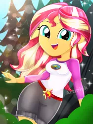 Size: 1800x2400 | Tagged: safe, artist:artmlpk, derpibooru import, sunset shimmer, equestria girls, legend of everfree, adorable face, adorasexy, adorkable, beautiful, belt, camp, camp everfree outfits, cute, digital art, dork, female, grin, hips, lens flare, looking at you, open mouth, plant, rock, sexy, shimmerbetes, smiley face, smiling, smiling at you, solo, tree, water, watermark