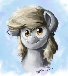 Size: 1674x1882 | Tagged: safe, artist:rigbyh00ves, derpibooru import, derpy hooves, pegasus, pony, bust, eyebrows visible through hair, female, full face view, looking at you, mare, one ear down, portrait, smiling, solo