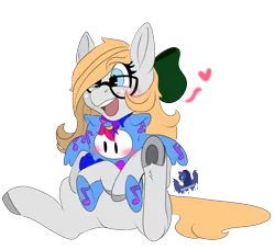 Size: 1314x1200 | Tagged: safe, artist:brainiac, derpibooru import, oc, oc:gray star, unofficial characters only, pony, blushing, bow, cute, fall guys, female, glasses, hair bow, mare, ocbetes, plushie, simple background, solo, transparent background