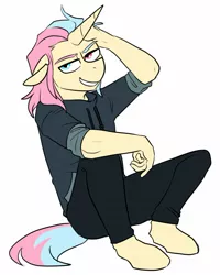 Size: 1377x1721 | Tagged: safe, artist:redxbacon, derpibooru import, oc, oc:candy floss (redxbacon), anthro, unguligrade anthro, unicorn, clothes, femboy, heterochromia, image, jpeg, male, twink