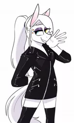 Size: 967x1593 | Tagged: safe, artist:redxbacon, derpibooru import, oc, oc:rubber bunny, anthro, clothes, female, heterochromia, image, jacket, jpeg, leather jacket, piercing