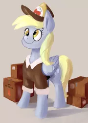 Size: 1866x2586 | Tagged: safe, artist:dummyhorse, derpibooru import, derpy hooves, pegasus, pony, box, clothes, female, folded wings, hat, mailmare, mailmare hat, mailmare uniform, mailpony, mailpony uniform, mare, package, simple background, smiling, solo, standing, three quarter view, uniform, wings