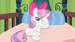 Size: 1280x720 | Tagged: safe, derpibooru import, screencap, apple bloom, sweetie belle, pony, unicorn, somepony to watch over me, accessory swap, apple bloom's bed, apple bloom's bow, bow, cute, diasweetes, female, hair bow, nervous, raised hoof, scrunchy face, solo, wiping, wiping eye