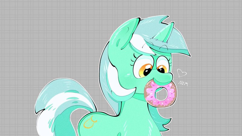 Size: 1920x1080 | Tagged: safe, artist:another_pony, derpibooru import, lyra heartstrings, pony, unicorn, abstract background, cute, donut, female, food, heart, lyrabetes, mare, mouth hold, nom, solo, text