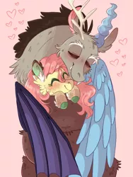 Size: 768x1024 | Tagged: safe, artist:wanderingpegasus, derpibooru import, discord, fluttershy, draconequus, pony, blushing, cheek fluff, coiling, coils, colored hooves, cute, discoshy, ear fluff, eyes closed, female, heart, hoof fluff, hug, male, mare, pink background, shipping, simple background, smiling, straight, stray strand, winghug