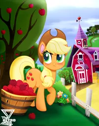 Size: 3000x3856 | Tagged: safe, artist:theretroart88, derpibooru import, applejack, earth pony, pony, apple, barn, blushing, bucket, cowboy hat, female, food, fruit, hat, high res, mare, raised hoof, stetson, sweat, sweet apple acres